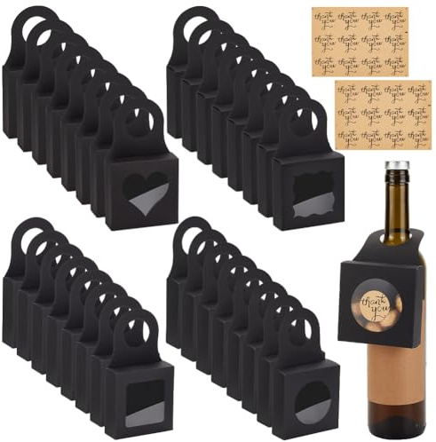AHANDMAKER 48 Stück Weinflaschenbox Aus Kraftpapier Mit Fenster 4 Arten Faltbare Wein Süßigkeitsboxen Mit Dankesaufkleber Weinzubehör Sets für Geschenk, Hochzeit und Weihnachten