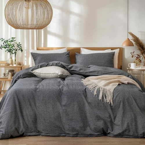 Freyamy Housse de Couette Coton 220x240cm Gris Foncé Couleur Unie Parure de lit Ado Adulte Parure Housse Couette 2 Personnes Sets de Housse Réversible Couette Linge de Lit