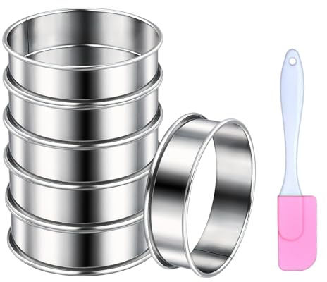 6 Pièces Cercle a Patisserie 8,5 x 2,5 cm avec 1 grattoir rose, Cercle à Tarte Rond en 304 Inox à bord roulé, Cercle a Tartelette, Moule a Pancake, Cercle Cuisine pour Muffins, Tartes, Gâteaux, Crumpe