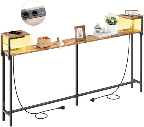HLONONE Konsolentisch mit Ladestation, Schmaler Sofatisch, 180 x 74 x 20 cm, Beistelltisch mit LED und Doppelregal, Flurtisch, Langer Eingangstisch für Flur, Foyer, Wohnzimmer, Vintagebraun-Schwarz
