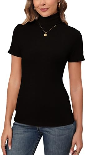 Enjoyoself Maglione Maniche Corte in Cotone Collo Alto Pullover Elegante a Maglieria-Nero/XL