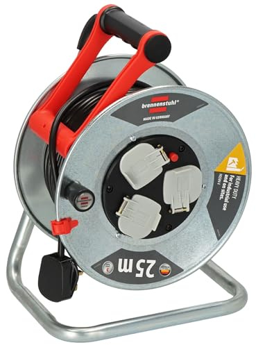 Brennenstuhl Garant Cable Reel 25m (Made in Germany, Extension Lead with 3 sockets and Thermal Cut-Out Protection, Rust-Proof Steel Reel Body, Ergonomic Handle)