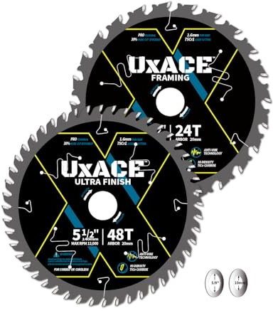 UXACE 5-1/2-Inch 24&48-Tooth Circular Saw Blade with 20 mm Arbor, Framing & Ultra Finish Wood Cutting, Carbide Tip, Thin Kerf, for Plywood, MDF, OSB, Laminated, 2 Pack