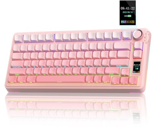 AULA S75 Pro Gaming Tastatur 75 Prozent,BT5.0/2.4G/USB-C Kabellose Mechanische Tastatur mit Display & Knopf,Fünfschichtige Polsterung Struktur,QWERTY,RGB,Hot Swap,Creamy Sound (Rosa)