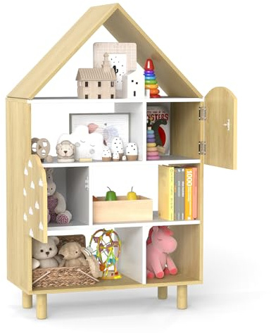 FANTASK Kinder Bücherregal aus Holz, Kinderregal in Hausform mit 2 Türen & massiven Holzbeine, Montessori 4 Ebenen Aufbewahrungsregal, für Spielzimmer, Kinderzimmer & Schlafzimmer (Natur)
