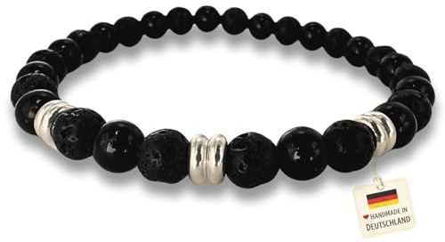 happymaker - Männer Armband schwarz, Turmalin, Lavastein und Sterling Silber, Perlenarmband Herren schwarz mit echten Edelstein Kugeln elastisch, handmade in Deutschland