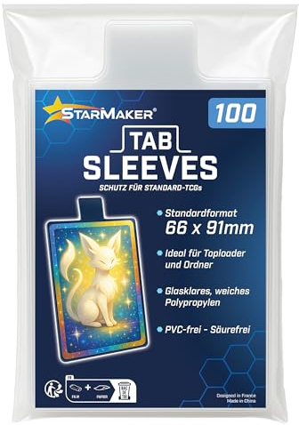 StarMaker 100 Sleeves Tab Kartenhüllen TCG 65 x 90mm mit Lasche - Transparente Hüllen für Sammelkarten, Toploader und Ordner