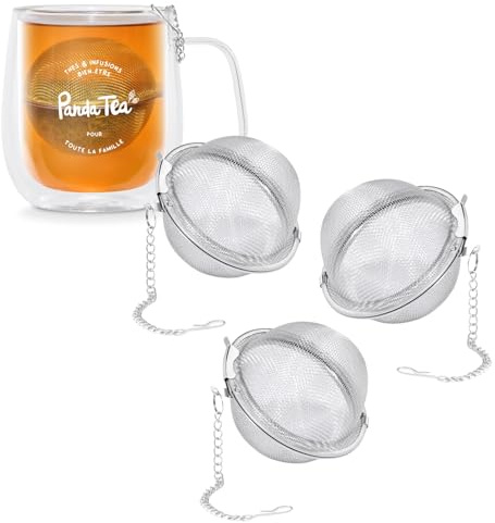 Panda Tea - 3x Boule à Thé en Inox - Infuseur Thé Original et Pratique pour Infuser Vos Thés en Vrac - Boule à Thé avec Chaîne