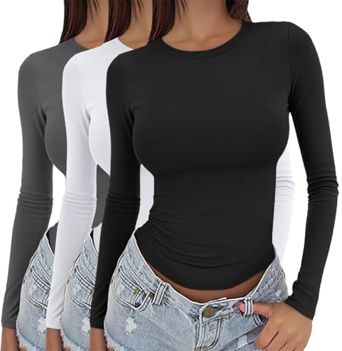 Women's 3 Pack Long Sleeve Tops Y2k Basic Layering Tight Thermal Undershirts Slim Fitted Going Out Tee Shirts Round Neck Stretch Fit Aesthetic Streetwear 3 Pieces Solid Colour T-Shirts