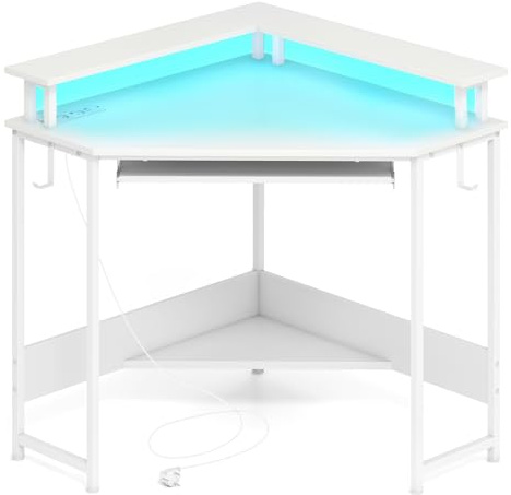 GIANTEX Escritorio de Esquina con Iluminación LED, Bandeja de Teclado, Estación de Carga, Estantes Abiertos y Ganchos, 80 x 80 x 88 cm, Escritorio Esquinero para Dormitorio, Oficina (Blanco)