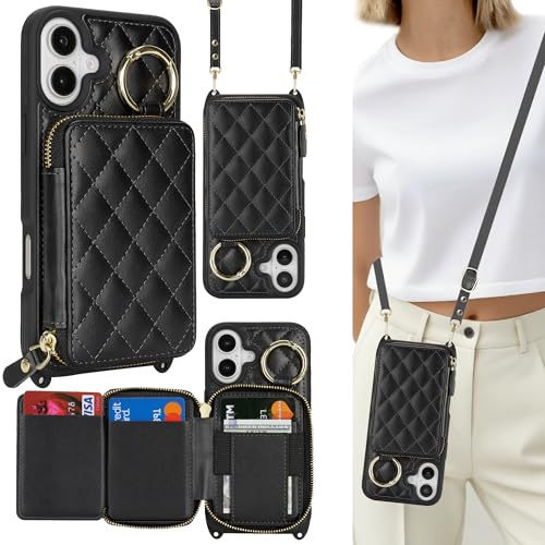 ELTEKER Coque Compatible avec iPhone 16, Etui avec Cordon Collier réglable, Anneau et Porte-Cartes (Noir)