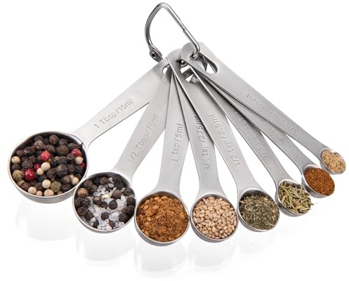 Doosu Metal Measuring Spoons for Cooking, 18/8 Stainless Steel, Set of 8 | Kitchen Measure Tool, Engraved Teaspoon Tablespoon TSP Tbsp, Scoop Serving Baking Accessory Gadget, Dry & Liquid Ingredient