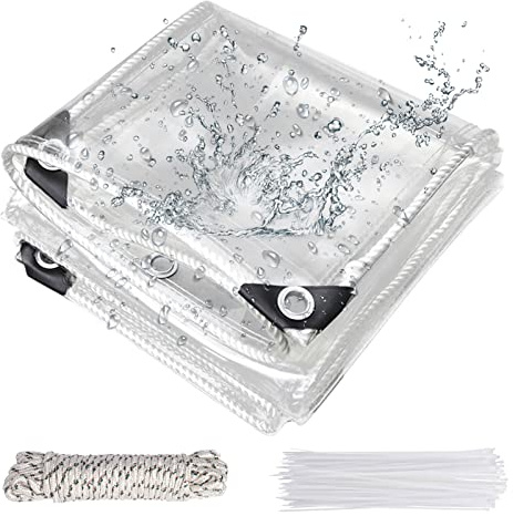 Jianyana Telo Impermeabile Esterno in PVC 250 g/m², 3 × 5 m Teloni Trasparente Occhiellato, Multiuso per Barche, Giardino, Padiglione con Corda da 10 m, Fascetta