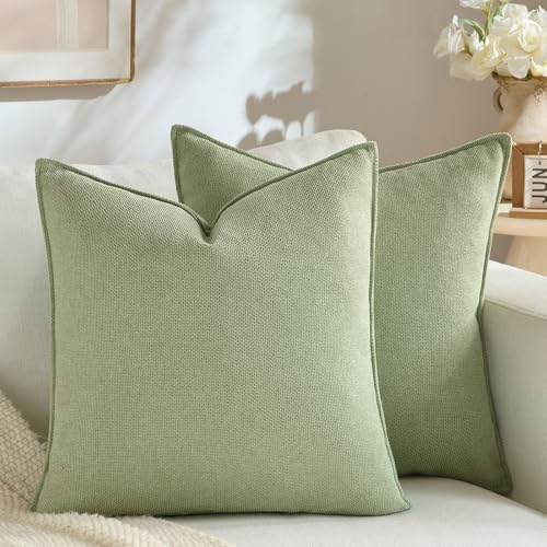 FDTERN 2er Set 40×40 cm Salbeigrün Chenille Kissenbezugset im modernen Dekor Einfarbiges, neutrales Design mit Borte Einzigartiges Design Geeignet für Schlafzimmer Wohnzimmer Sofa Bett und Wohnkultur