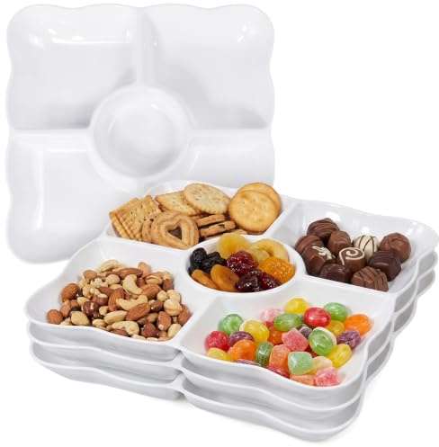 SLTAXAR 4 Stück Snackteller 5 Fächer Snackschale Antipasti Servierplatte Snackteller Rechteckig 25x24cm Kunststoff Weiß Snack Schalen Snackbox Teller mit Unterteilung für Obst Dips Picknick Party