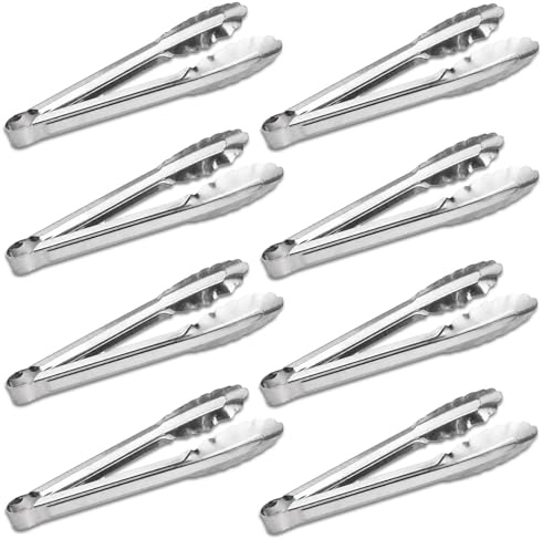 Geukmun Serving Tongs Set of 8, Stainless Steel Kitchen Tong for Buffet, Food Tongs for Salad, BBQ, Grilling, Cooking, Small Tong Silver
