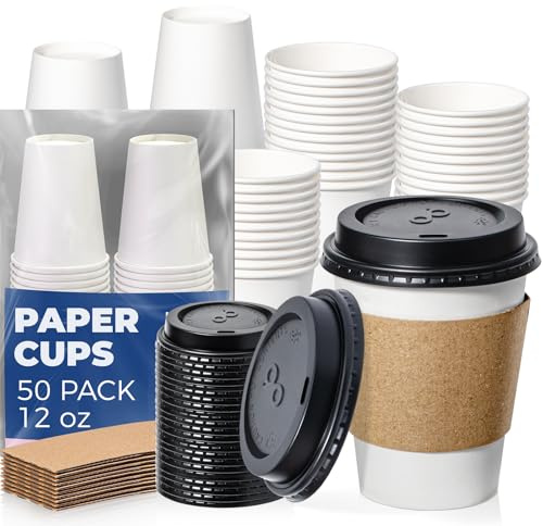 Fit Meal Prep 50 Pack 12 oz Disposable Coffee Cups with Lids, Sleeves, Leak-Proof To Go Coffee Cups with Lids, Durable Paper Cups for Hot Beverage, Home, Office, Party
