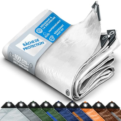 casa pura - Bâche de Protection en polyéthylène - Bâche Ultra étanche - Couverture imperméable pour véhicule travaux remorque - Résistant au UV et avec œillets en Acier - 140 g/m², Blanc 3x4 m