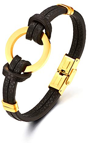 Flongo Herrenarmband Männer Armband Lederarmband, Edelstahl Leder Armband Armreif Geflochten Gold Ring rund Kreis Link Schwarz für Männer Herren-Accessoires Surfer