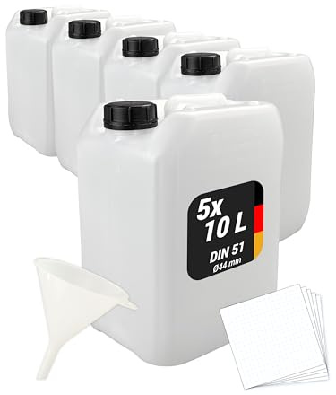 5x 10 Liter Leerkanister DIN 51 inkl. Trichter und 5 Trevendo® Etiketten