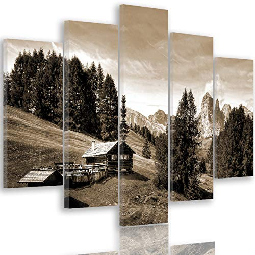 Feeby Bilder Berge 5 Teilig XXL 200x100 cm 1 Teilig Wohnzimmer Schlafzimmer Büro Flur Küche Wandbilder Leinwandbilder Modern Bild auf Leinwand Wanddekoration Kunstdruck Design Hütte Bäume Sepia