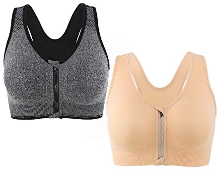CLOUSPO Sports Bra Post Surgery Bra Zip Front Wireless with Removable Pads Yoga Bra for Workout Fitness(L,Grey+Beige)