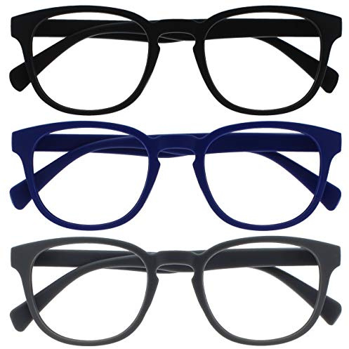 OPULIZE Pop Lesebrille 3er Pack Keck Rund Matt Rahmen Federscharniere Kratzfest Schwarz Blau Grau Herren Damen RRR2-137 +1.00