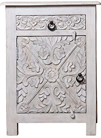 Orientalischer Holz Nachttisch Hasmia Shabby Weiss 70cm Hoch | Orient Vintage Nachtkommode orientalisch handverziert | Indischer Nachtschrank auch für Boxspringbett | Asiatische Möbel aus Indien