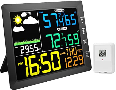 AIRAIN TECH Wireless Weather Station Clock, 10 Inch Home Indoor Weather Monitor with Barometer, Outdoor Temperature and Humidity Gauge, Black