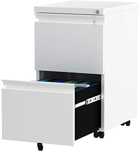 YITAHOME Rollcontainer mit Abschließbar 2 Schubladen, Mobiler Aktenschrank mit Rollen für A4, Legal, Letter, Metall Büroschrank für Home-Office, Hängeregistratur, Weiß, 51 x 39 x 71cm