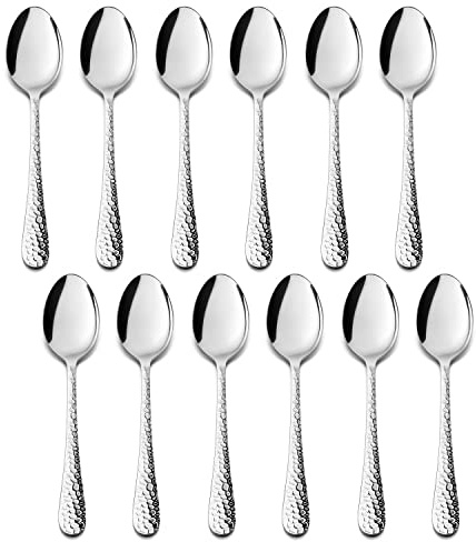 E-far 12-Piece Small Coffee Spoons, 6-Inch Stainless Steel Mini Espresso Spoons for Coffee/Sugar/Tea, Hammered Design & Rust Free, Dishwasher Safe