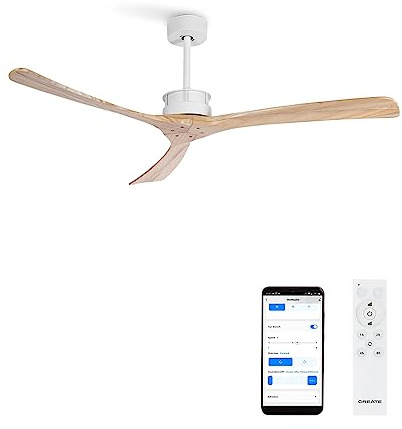 CREATE / WINDLARGE/Deckenventilator Weiß Naturholzflügel mit WLAN und Fernbedienung/XL, 40W, Leise, Ø152 cm, 6 Geschwindigkeiten, Timer, DC-Motor, Sommer-Winterbetrieb
