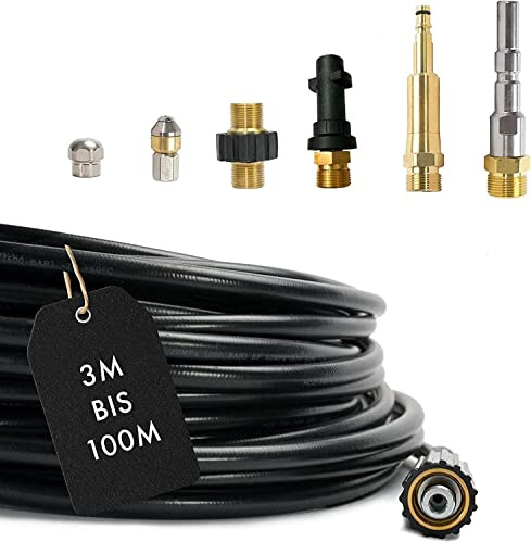 M&M Smartek Rohrreinigungsschlauch 100m, 7-Teilig für Kärcher, 160 bar | 2 rotierende Edelstahldüsen plus M22-, Bajonett-, KEW- und Quick-Connect-Adapter; robuster Knickschutz für lange Leitungen.
