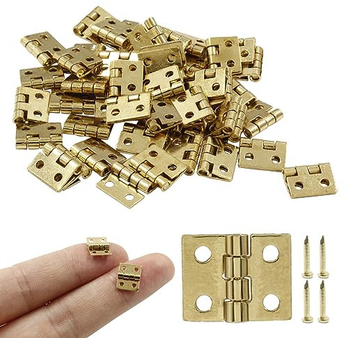 Zorveiio 50Pcs Small Brass Hinges, 0.31x0.39Pure Copper Butt Gold Tiny Hinges for Mini Cabinet Jewelry Wooden Box,Doll House DIY with Mounting Screws