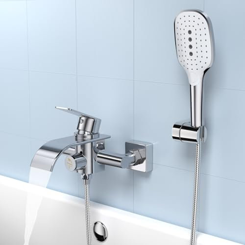 KULACO Badewannenarmatur mit Handbrause, Wasserfall Wasserhahn Badewanne, Messing Mischbatterie Dusche mit Druckschalter, Chrom Duscharmatur mit 3 Funktionen, Armatur Badewanne Wannenarmatur für Bad