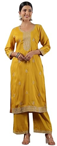 ishin Zari Work - Kurta recta para mujer, diseño étnico, Mostaza, M
