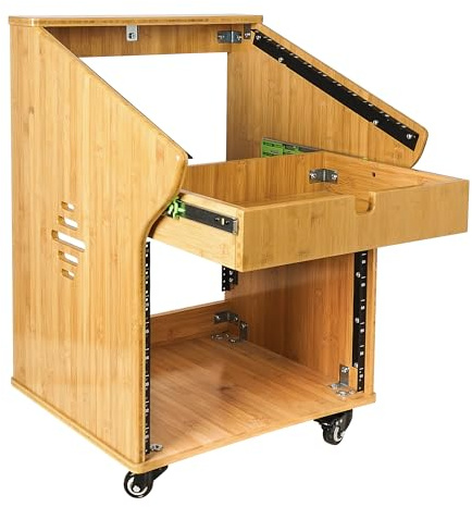 Sound Town DIY Solid Carbonized Bamboo Studio Rack with 11U Slant Mixer Top, 8U Front, 2U Drawer, Rubber Feet, Casters, for Recording Room, PA/DJ Equipment, Home-Audio (STBR-M11X8)