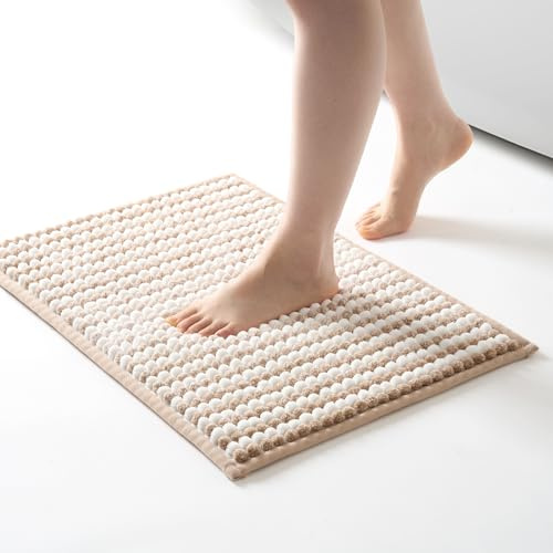 FRESHMINT Chunky Ombre Chenille Bathroom Rug 17x24, Small Water Absorbent Soft Bath Rugs for Bathroom Floor, Thick Non Slip Bath Mat Washable Quick Dry Shower Mats, Beige and White