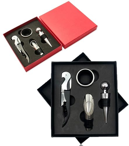 Juego de 4 abridores de vino con caja de regalo en paquete doble (negro/rojo) | Set de regalo con sacacorchos, vertedor de botellas, tapón de botella y anillo de goteo, regalo para los amantes del