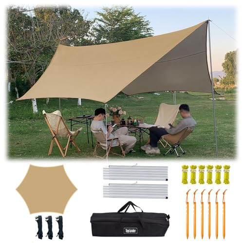 4.5X4.5 Camping Tarp with Pole Waterproof Mutifunctional Awning Hexagon Tarpaulin Tent Shelter for Car Bushcraft Hammock Backpacking Outdoor