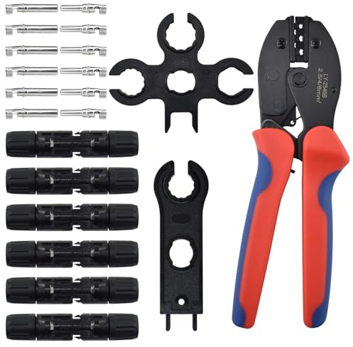 SHRJ Kit de herramientas de conectores de crimpado de cable de panel solar, incluye crimpadora solar, pares de conectores solares, llave inglesa, herramienta de crimpado de alambre solar para montaje