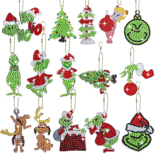 MorLuks Diamond Painting Schlüsselanhänger Set - 15 Stück Weihnachten 5D Anhänger, DIY Bastelset für Kinder