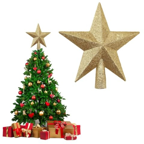 BUKCYUE Julgransspets, julgransspets i stjärnform, julgransprydnad av plast, glitter, trädstjärna, trädspets för semester, ornament eller heminredning, 20 cm (guld)