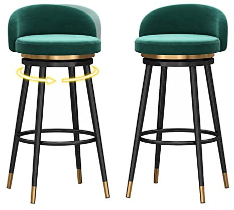 Moderner Drehhocker aus Samt mit Metallbeinen, 2 Stück, grün, gepolstert, niedrige Barstühle für Küche und Zuhause, 75 cm, schwarze Beinhöhe