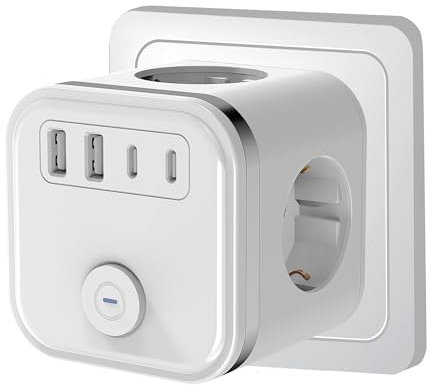 7 en 1 USB Cubo Enchufe, Ladron Enchufes 3680W, Múltiples Pared con 3 Tomas de CA, 2 Tipo C y Interruptor, regleta enchufes con USB, Cargador Ladron para Hogar Oficina, Blanco