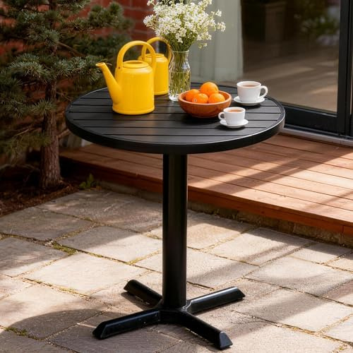 Mingone Gartentisch Rund, Balkontisch 60x60cm, Schwarz | Wetterfest & Kratzfest, Kunststoffholz und Metallbeine, max. 100kg Traglast, für Balkon/Terrasse/Garten