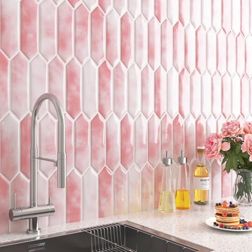 FunStick Azulejos Adhesivos Rosa Cocina 3D Vinilo Adhesivo Hexagonal 30×30CM Vinilos Adhesivos Para Azulejos Baño Rosa Claro Revestimiento Pared Cocina Azulejo 15 Baldosas Adhesivas 3D Hexágono Largo