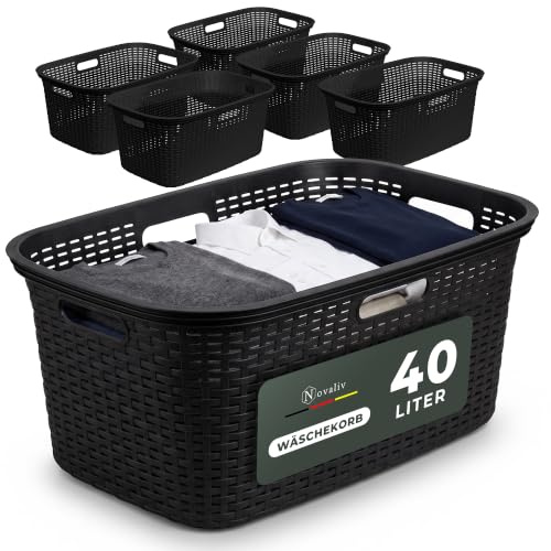 Novaliv Sparset 6X Rattan Wäschekorb mit 4 Griffen 40L Schwarz, Wäschebox Set Wäscheeimer Wäschebehälter für Bad Wäsche Schmutzwäsche, Wäschekörbe Haushalt Zubehör Wäschetonne Sammler