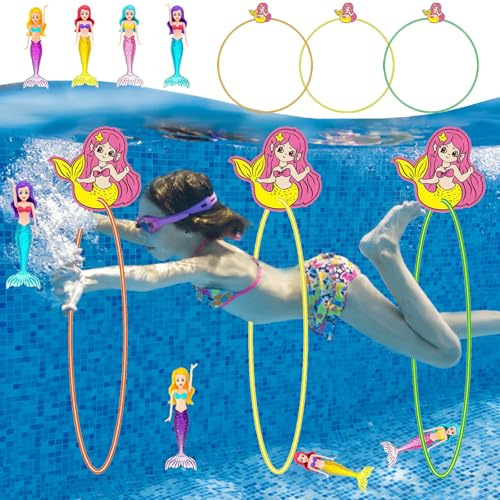 YOUYIKE Anelli da immersione per bambini con 3 anelli per immersioni e 4 sirene luminose, giocattolo per immersioni, sirene, vasca da bagno, bambola per piscina d'acqua, allenamento estivo e