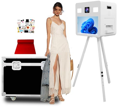 DSLR Fotoautomat mit Stativ, 21,5 Zoll Touchscreen, DSLR Fotoautomat mit Flightcase, Fotoautomat für Events, Partys, Hochzeiten, Vermietung (White, Photo Booth)